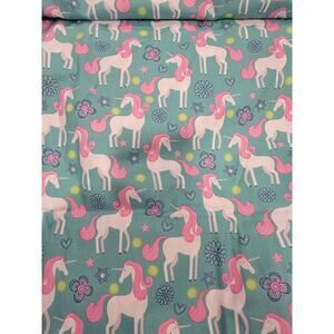 Cotton Fabric Unicorns On Green Background Flowers and Hearts 2 yard New